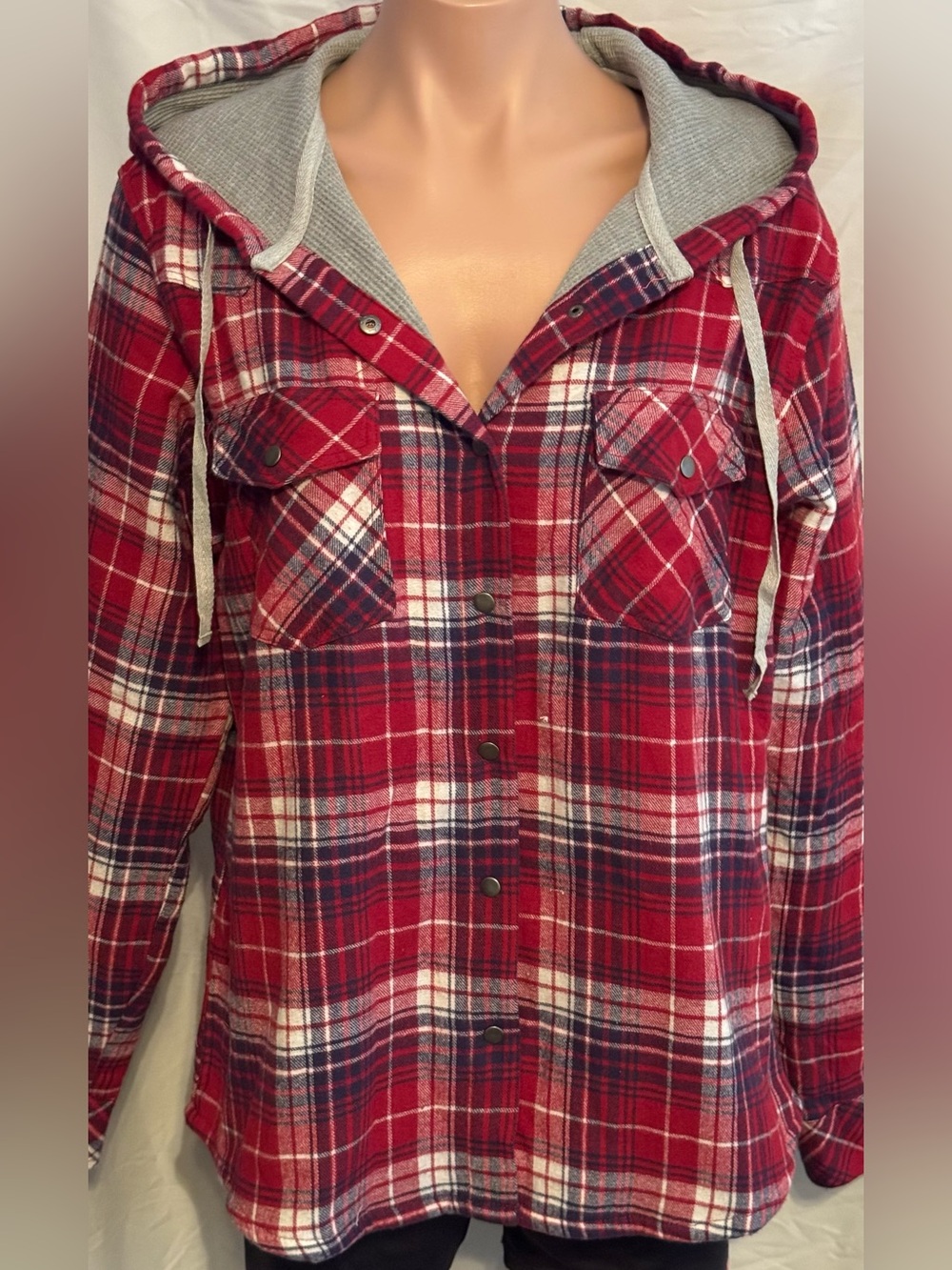 Roper Waffle Knit Thermal Lined Red Plaid Hooded Button-Up Flannel Shirt Jacket